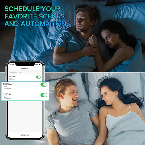 Couple in bed with smartphone, using 4 Pack Smart LED Bulbs With 16W 1600 Lumens A21 Dimmable WiFi RGB CW Color Changing