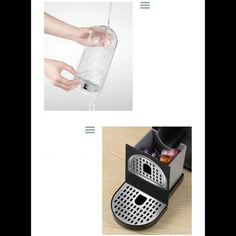 Compact Capsule Coffee Machine For Home Office Auto Espresso Maker One Touch Brew Mini Size Milk Frother Included For Soy Milk And Tea Options Quiet Desk Friendly Coffee Gadget No Fuss shown with water tank and capsule holder