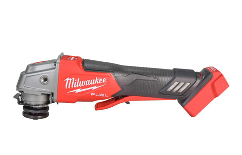 Side view of an 18V Cordless Angle Grinder with 4.5 Inch and 5 Inch Grinding Wheels, tool-only model, grey and red design.
