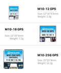 Comparison of three FPV GPS Modules M10-12, M10-18, M10-25Q with dimensions and weight, featuring QMC5883L compass and UBLOX chip.