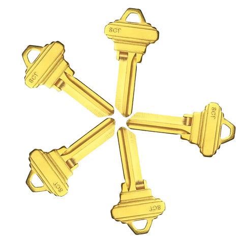 SC1 Brass Finish Key Blanks Pack Of 50 Uncut Keys For Locksmiths displayed in a circular arrangement