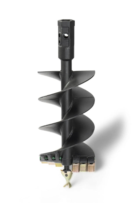 Industrial Duty Earth Auger For Tractor Mounted Post Hole Diggers And Skid Steers With A 2 Inch Hex Drive And 12 Inch Diameter Interchangeable Standard Edges Built Heavy Duty For Tough Hole Digging, showing black spiral design with hex drive