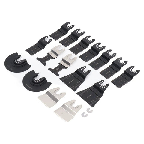 18 Piece Oscillating Multitool Blade Set With Universal Fit For Most Brands, Heavy Duty High Carbon Steel And Stainless Steel Blades displayed