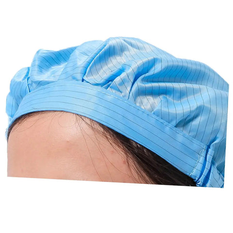 Four Pack Pro Grade Anti Static Workshop Hats For Adults Heavy Duty Polyester Cleanroom Caps Zero Lint Dustproof Safety Gear For The Daily Grind In White Pink Yellow, blue polyester cap close-up.