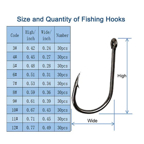 300Pcs High Carbon Steel Barbed Fishing Hooks With Holes, 10 Sizes chart and hook illustration showing size dimensions