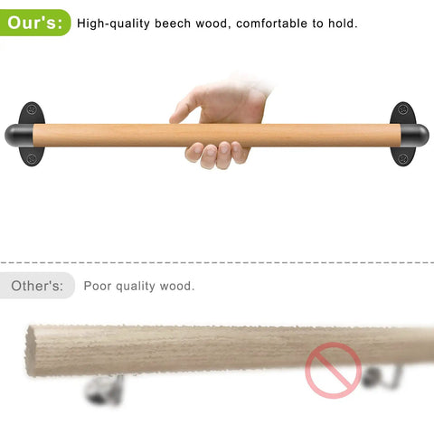 Comparison of Forever Built Wood Handrail with high-quality beech wood top handrail and inferior wood bottom.