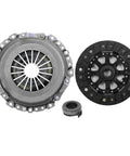 Top Shelf Transmission Clutch Kit Installs Flat Out For 2002 To 2008 Mini Cooper L Four One Point Six Liter Motor diaphragm style kit parts on white background.