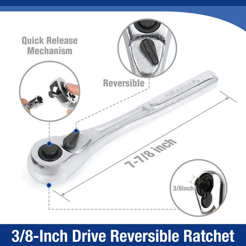 Three Eighths Inch Drive Socket Set Forty Seven Piece With Quick Release Ratchet for Auto Repairs and Home Projects