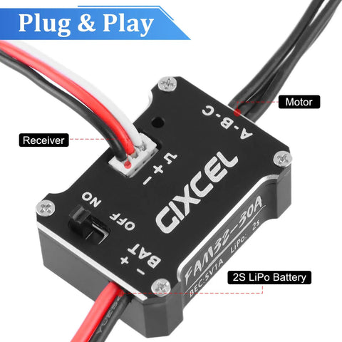 Top view of 30A Brushless Mini ESC for 1/18 and 1/24 micro RC crawlers SCX24 TRX4M FCX24 FCX18 with labeled connections.