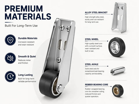 4 Pack Vertical Track Roller Wheels Heavy Duty Rubber Swivel Casters For Barn Sliding Door Replacement with alloy steel bracket and steel wheels.