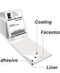 4x6 Thermal Shipping Labels 500 Per Stack With Fanfold, BPA Free, showing label layers including coating and adhesive.