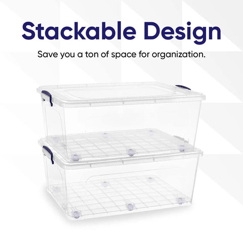 Built Tough Stackable Storage Bins With Rolling Wheels And Snug Lids Set Of 3 Hefty Clear Plastic Totes 60 Quart Top Shelf Pick For Garage Organization And Basement Decluttering
