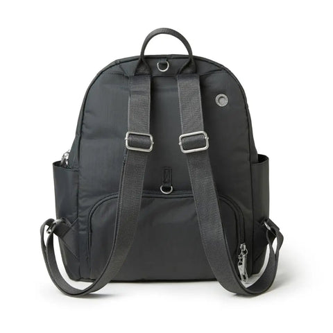 Back view of Anti-Theft Travel Backpack With RFID On-The-Go Slash-Resistant Nylon, 8.5L, 10x13 inch, Charcoal, showing adjustable straps.