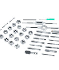 Heavy Duty 34 Piece Tap And Die Set For Auto Repair Made From Heat Treated 45 Steel And Alloy Steel Tools Covering M3 To M12 Plus NPT Thread Cutting Kit laid out