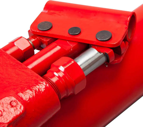 Close-up of Heavy Duty Hydraulic Long Ram Jack With Dual Piston Pump And Clevis Base For Garage And Shop Lifts 8 Ton Capacity 16000 Pounds