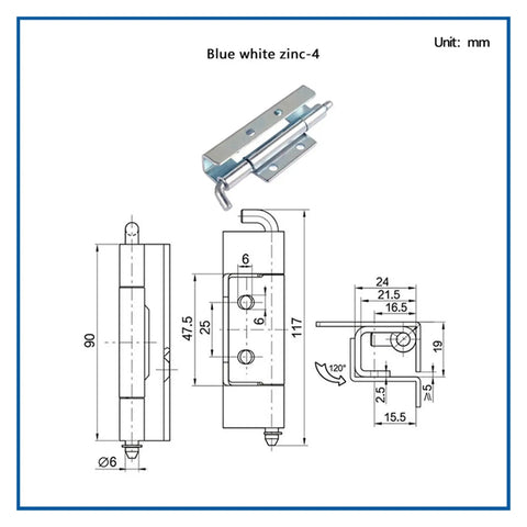 Technical diagram of hidden weldable and detachable iron hinges for doors and cabinets with one color finish, dimensions in mm.