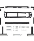 Built Tough Folding Miter Saw Stand parts including rails, stop blocks, bolts, and tools for assembly in black finish.