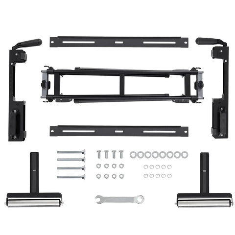 Built Tough Folding Miter Saw Stand parts including rails, stop blocks, bolts, and tools for assembly in black finish.