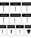 Heavy Duty 254 Piece Guitar Screw Kit With All Stainless Steel Fasteners For Strat Tele And Gibson Axe showing various screws and hardware labels.