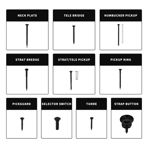 Heavy Duty 254 Piece Guitar Screw Kit With All Stainless Steel Fasteners For Strat Tele And Gibson Axe showing various screws and hardware labels.