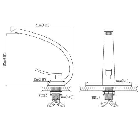 Technical drawing of Brushed Nickel Bathroom Faucet With Single Handle Basin Mixer For 1 Hole Or 3 Hole Sinks Includes 6 Inch To 10 Inch Deck Plate Modern Vanity Tap Dope Build Durable Finish Easy Install Fits Wide Sinks