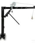 Garvee 1000-lb pickup truck crane with hydraulic hoist and manual winch, black, mounted on a stand.