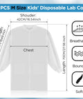 20 Pack Disposable Kids Lab Coats White Scientist Costume Set With Elastic Knit Cuffs, size details and breathable material icons shown.
