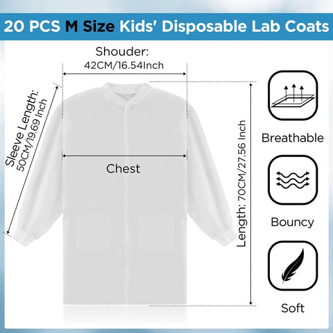 20 Pack Disposable Kids Lab Coats White Scientist Costume Set With Elastic Knit Cuffs, size details and breathable material icons shown.