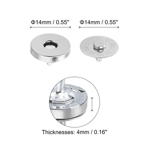 20 Set Metal Snap Button Kit For DIY Fashion Projects, 14mm Round Clasps With Fabric Base And Cap, silver component view