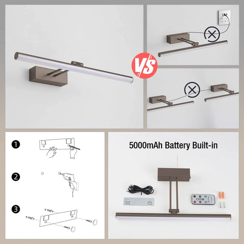 Wireless Picture Light With 5200mAh Battery And Remote Dope Bronze 16 Inch Metal Art Light For Wall Art Paintings Gallery Portraits USB C Fast Charge Long Battery Life Timed 1 2 3 4 Hour Off, showing installation and contents.