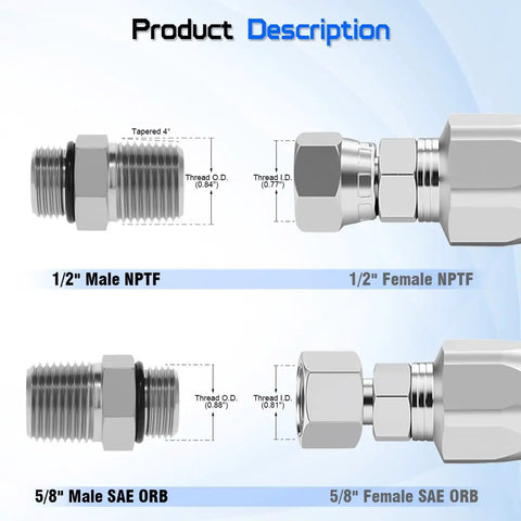 Hydraulic Hose Connector Adapter For Five Eighth Inch ORB Male To One Half Inch NPTF Male, Straight Fitting For Leak Free Hydraulic Line Connections, Precision Machined Durable Universal Compatibility, 1/2 male NPTF and 5/8 male SAE ORB