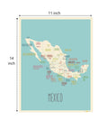 Mexico Map Poster 11x14 Blue Wall Art For Kids And Classrooms, Educational Geography Print, framed-ready poster in blue tones.