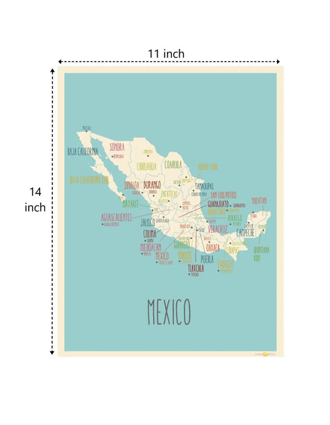 Mexico Map Poster 11x14 Blue Wall Art For Kids And Classrooms, Educational Geography Print, framed-ready poster in blue tones.