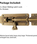 Beefy Barrel Bolt Latch For Barn Doors, 5 Inch Solid Copper Door Lock With Anti Rust Marine Grade Build, Heavy Duty Sliding Security Bolt In Antique Brass Finish, front view with screws.