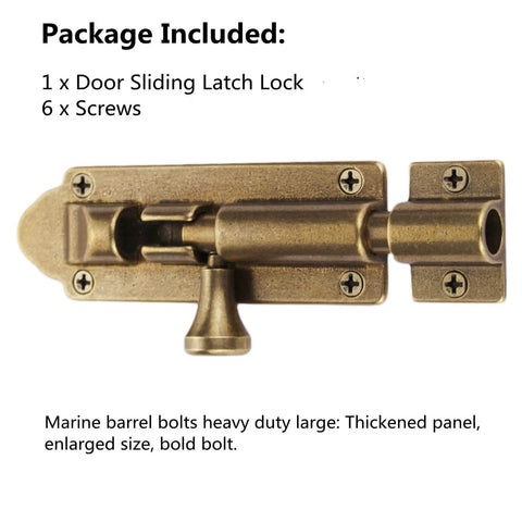 Beefy Barrel Bolt Latch For Barn Doors, 5 Inch Solid Copper Door Lock With Anti Rust Marine Grade Build, Heavy Duty Sliding Security Bolt In Antique Brass Finish, front view with screws.