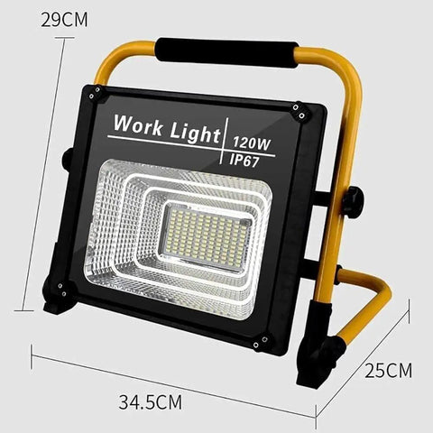 JUDYSSY Led Floodlight Ip67 120W Led Work Light with yellow frame and LED panel, measuring 34.5x29x25 cm.
