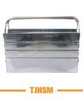 Premium 18 Inch Stainless Steel Folding Tool Box With Cantilever Multi Tray Organization and Comfortable Carry Handles, front view.