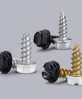 Heavy Duty Size Eight By One Half Self Tapping Gutter Screws Rock Solid Rust Resistant 410 Stainless Steel in silver, black, and gold finishes.