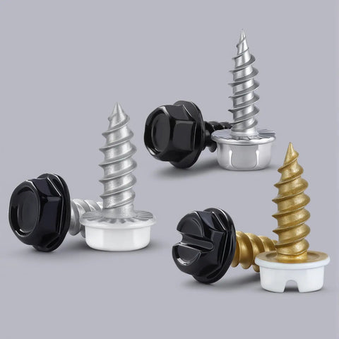 Heavy Duty Size Eight By One Half Self Tapping Gutter Screws Rock Solid Rust Resistant 410 Stainless Steel in silver, black, and gold finishes.