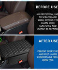 Pro Grade Diamond Quilted Armrest Pad For Tesla Cybertruck 2024 Through 2026 shown before and after installation, protecting console.
