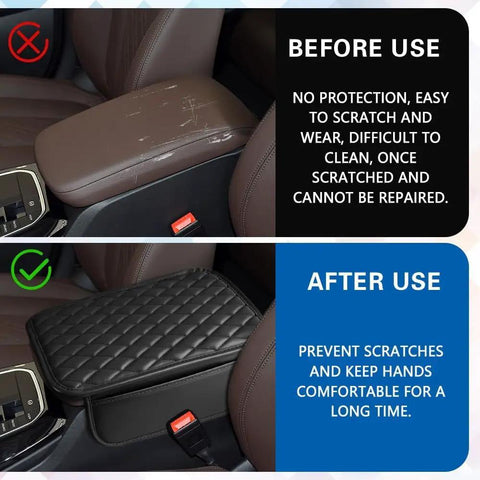 Pro Grade Diamond Quilted Armrest Pad For Tesla Cybertruck 2024 Through 2026 shown before and after installation, protecting console.