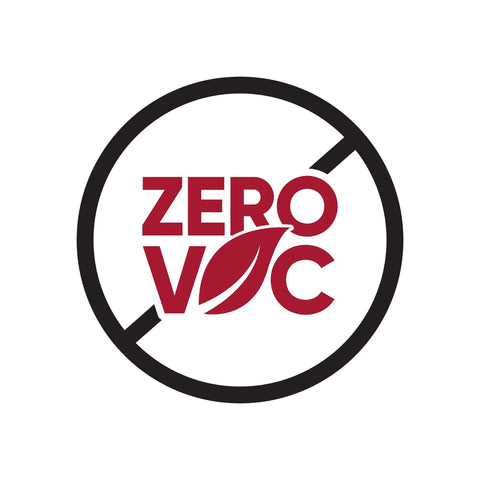 Zero VOC symbol with red text and leaf graphic inside a black circle with a slash