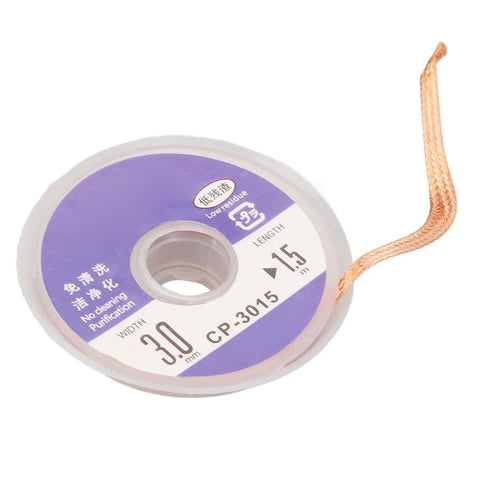 Pro Grade Desoldering Solder Wick Braid 1.5m Red Copper With No Clean Flux spool showing 1.5m length and 3.0mm width