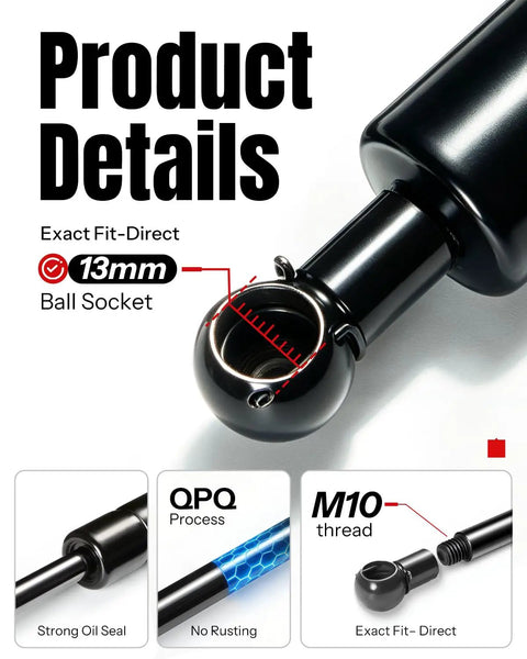 Built Damn Tough Hella Strong Gas Struts Pair Of 2 Heavy Duty Lift Supports 44 Inch Extended 13Mm Ball Stud showing 13mm ball socket and details.