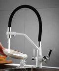GAZOGJ 360°Rotatable 3-Way Kitchen Faucet with Extendable Shower Head, 4-in-1 Mixer for Water Filter, Modern Dual Lever, Sleek White Sink Fixture, water pouring into bowl.