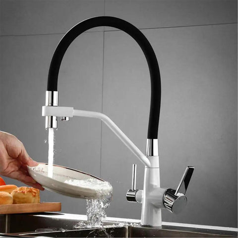 GAZOGJ 360°Rotatable 3-Way Kitchen Faucet with Extendable Shower Head, 4-in-1 Mixer for Water Filter, Modern Dual Lever, Sleek White Sink Fixture, water pouring into bowl.