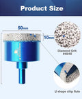 Dry Diamond Core Drill Bit Set 2 Pc 2 Inch 50mm Diamond Hole Saw Core Bits with Triangle Shank showing measurements and grit detail
