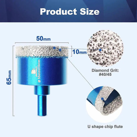 Dry Diamond Core Drill Bit Set 2 Pc 2 Inch 50mm Diamond Hole Saw Core Bits with Triangle Shank showing measurements and grit detail