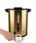 6L Coffee Urn Hot Beverage Dispenser Electric Coffee Percolator With Double Wall Stainless Steel 38 Cup Capacity Commercial Grade Large Coffee Maker For Party Home Catering Gold Color, with a cup being poured