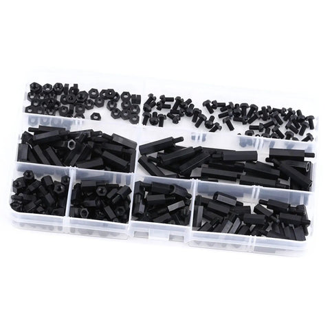 Long Lasting Nylon Standoff Spacer Kit With Male And Female Threads, Anti Signal Interference Hex Pillars For Circuit Board Mounting, No Slip Design, 250 Pc Bulk Pack Includes Nuts And Screws, Great For Chip Thermal Channels, black parts in organizer